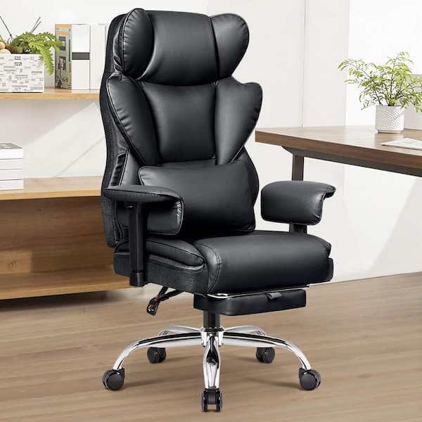 PU Leather Cushioned Ergonomic Office Chair in Black with Adjustable Armrests and Backrest, Telescopic Foot Pedals