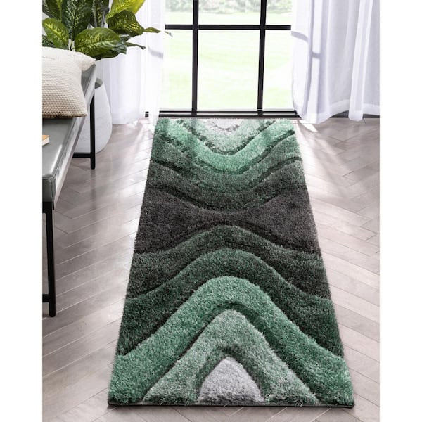 San Francisco Luz Modern Geometric Shag Hand-Carved, Green 2 ft. 3 in. x 7 ft. 3 in. Runner, Area Rug