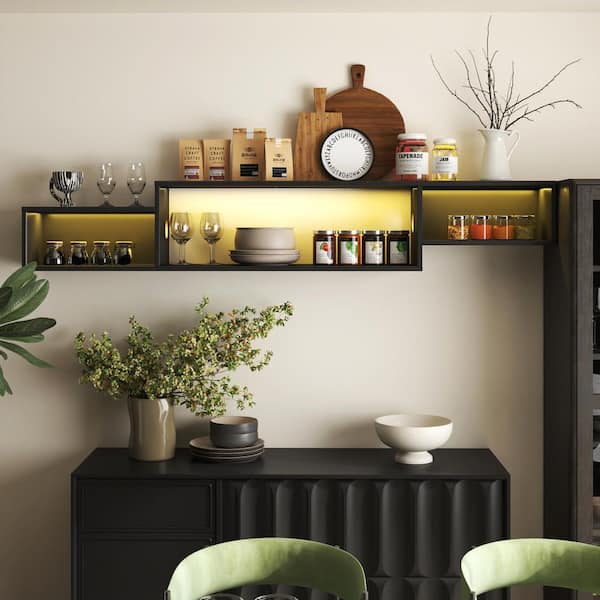 65.35 in. Black Floating /Wall Mount TV Stand Fits TV's up to 59 in. with LED Lights and Built-in Charging Station