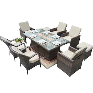 Jim Brown 9-Piece Wicker Patio Fire Pit Dining Sofa Set with Beige Cushions