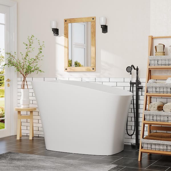 51.18 in. x 28.9 in. Stone Resin Flatbottom Solid Surface Non-Slip Freestanding Soaking Bathtub in Matt White