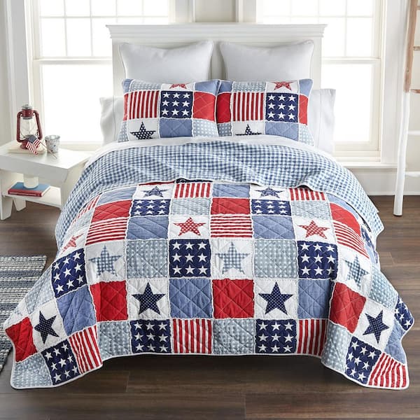 DONNA SHARP Star and Stripe 3PC Red White and Blue Cotton King Quilt Set