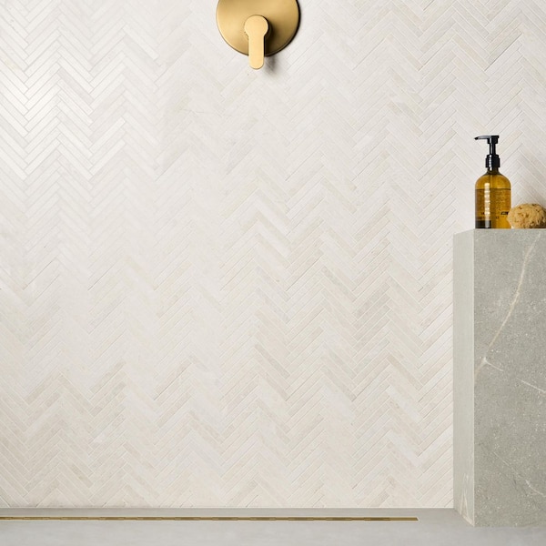 Vanilla Warm White 12 in. x 12 in. Herringbone Polished Marble Mosaic Floor and Wall Tile (1 Sq. Ft. / Each)
