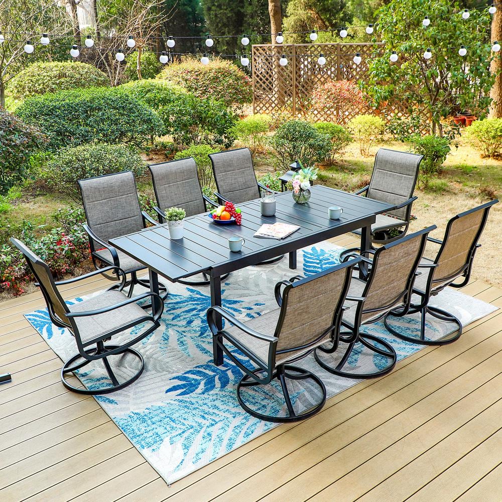 PHI VILLA Black 9-Piece Metal Outdoor Patio Dining Set with Extendable ...