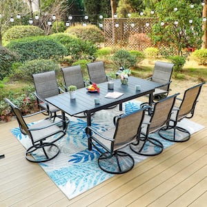 Black 9-Piece Metal Outdoor Patio Dining Set with Extendable Table and Padded Textilene Swivel Chairs