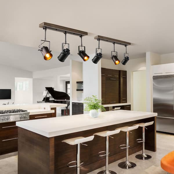 Farmhouse 2 ft. 3-Light Black Fixed Track Lighting Kit w/ Solid Wood Canopy and Adjustable Heads for Living Room Kitchen