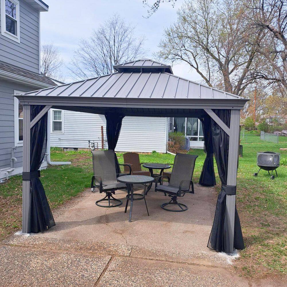 11 ft. x 13 ft. Light Gray Aluminum Power-Coated Frame Galvanized Steel Double Roof Hardtop Gazebo,Hooks Netting Curtain price history on PriceWatchPro