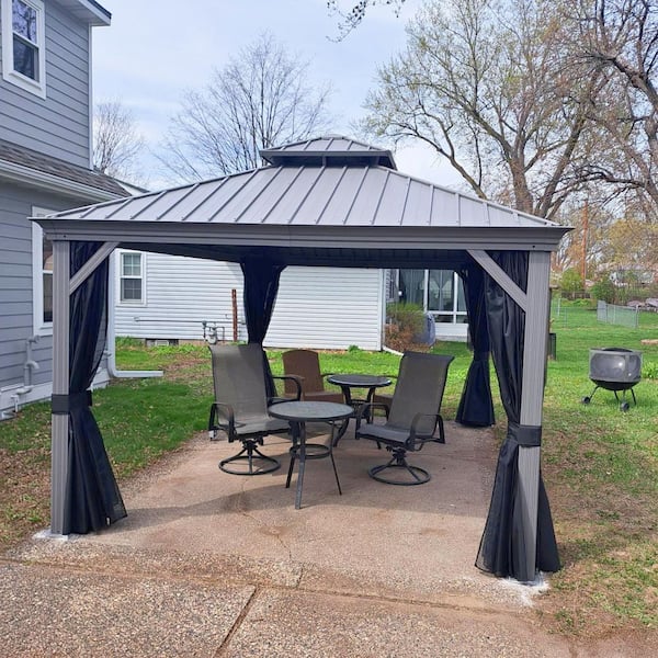 11 ft. x 13 ft. Light Gray Aluminum Power-Coated Frame Galvanized Steel Double Roof Hardtop Gazebo,Hooks Netting Curtain
