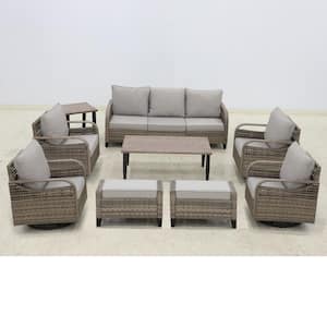9-Piece Brown Wicker Outdoor Patio Conversation Sofa Set with Swivel Chairs, Gray Cushions, Ottomans and Side Table