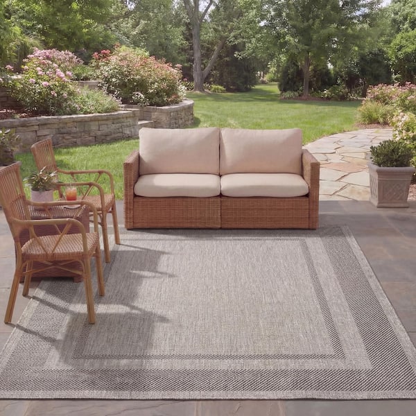 Courtyard Beige/Black 8 ft. x 11 ft. Striped Indoor/Outdoor Patio  Area Rug