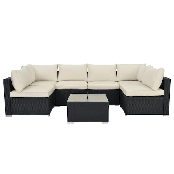 Sudzendf Black 7-Piece Wicker Outdoor Sectional Set with Beige Cushion and Glass Coffee Table