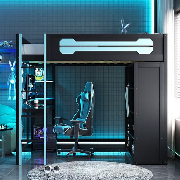 Blue Full Wood Loft Bed with Desk