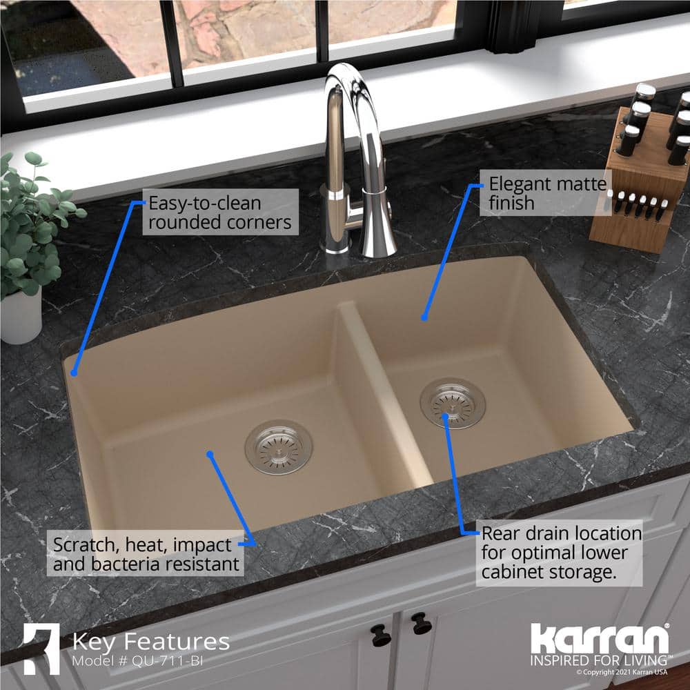 Bisque Quartz Composite 32'' Double Bowl Undermount Kitchen Sink