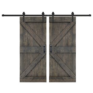 K Series 76 in. x 84 in. Smoky Grey Finished DIY Solid Wood Double Sliding Barn Door with Hardware Kit