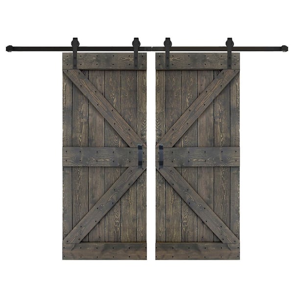 ISLIFE K Series 76 in. x 84 in. Smoky Grey Finished DIY Solid Wood Double Sliding Barn Door with Hardware Kit