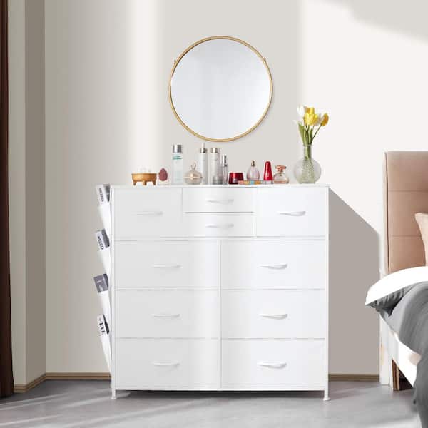 10-Drawer Fabric Dresser, Storage Tower with Easy Pull Handles & Steel Frame, for Bedroom, Hallway, Nursery, White