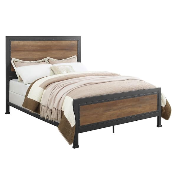 Rustic Oak Queen Size Metal Bed Frame, Carbon Loft Santos Rustic Metal Queen Panel Bed