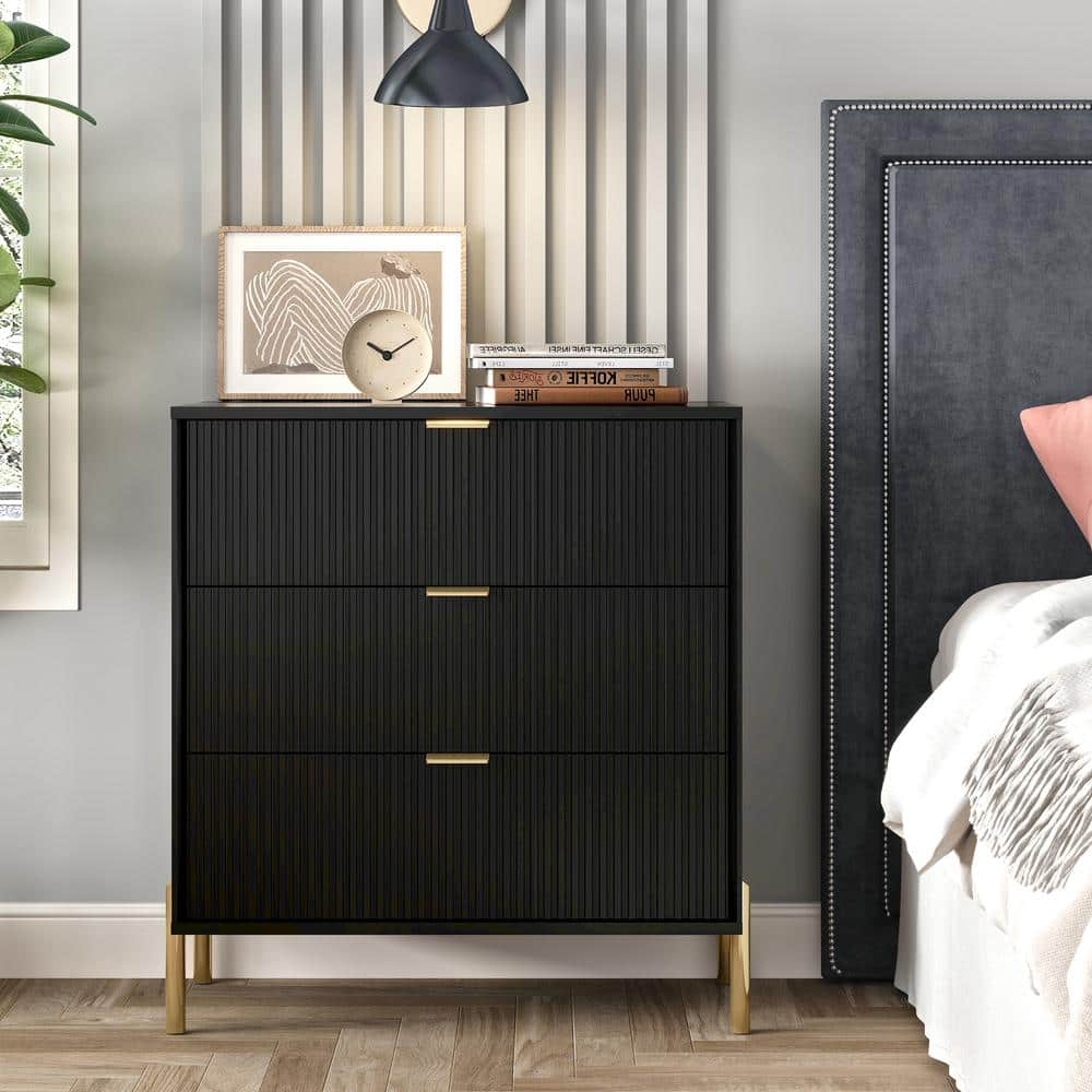 Festivo 3 Drawer Nightstand Black: Modern Scandinavian Style, Metallic Handles, MDF Wood, Ample Storage