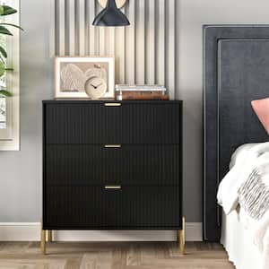 Modern Accent Black 3-Drawers 28 in. Wide Nightstand with Stylish Golden Metal Handle