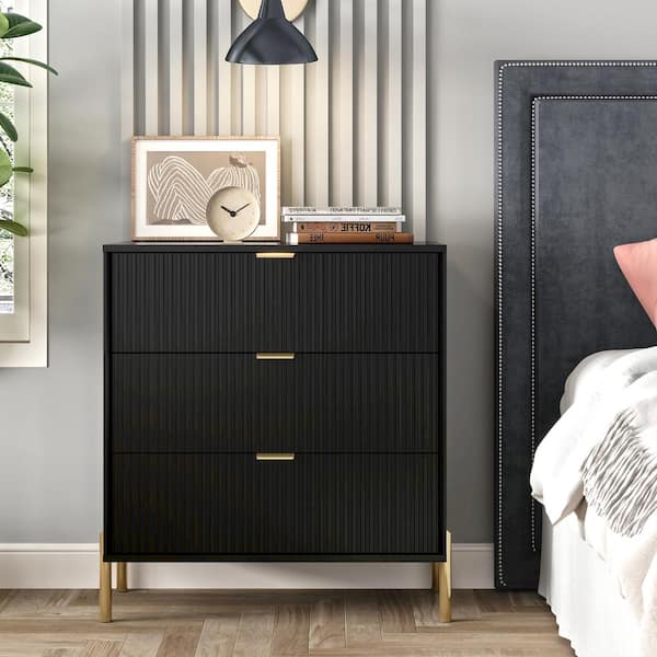 FESTIVO Modern Accent Black 3-Drawers 28 in. Wide Nightstand with Stylish Golden Metal Handle