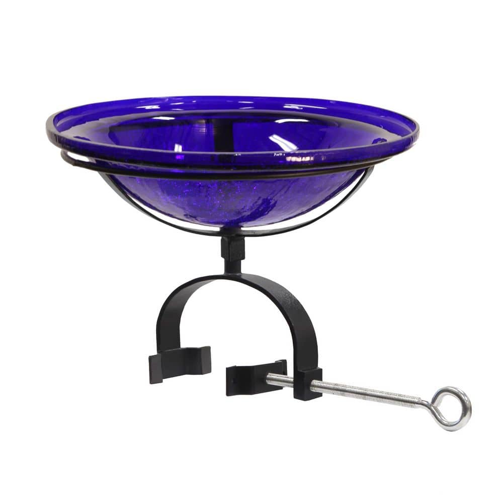ACHLA DESIGNS 12.5 in.Dia. Round Cobalt Blue Crackle Glass Birdbath w/Black Wrought Iron Over Rail Bracket