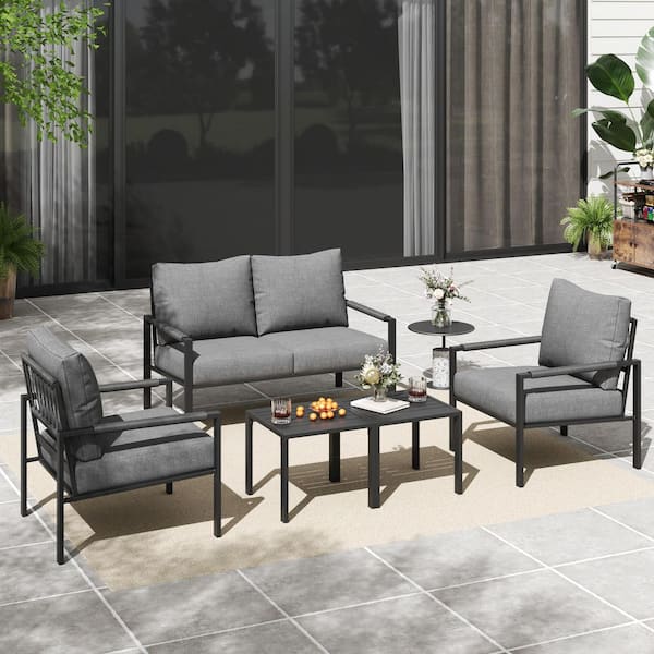 5-Piece Metal Outdoor Furniture Set 4-Seat Patio Conversation Set with Dark Grey Cushions and Coffee Tables
