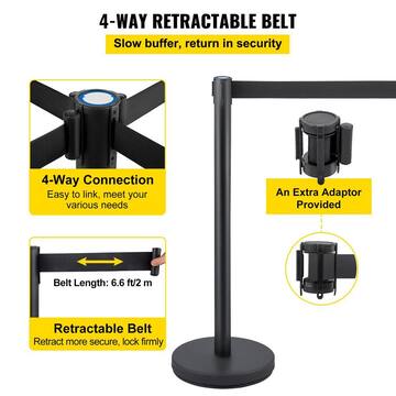 SKYSHALO Crowd Control Stanchion, (Set of 8) Pieces Stanchion Set, Stanchion Set with 6.6 ft. /2 m Black Retractable Belt, Black GLZHSHD8JTZG00000V0-VE1010