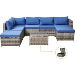 Grey 8-Piece Wicker Patio Furniture Sets Patio Conversation Set with Washable Blue Cushions and Storage Table