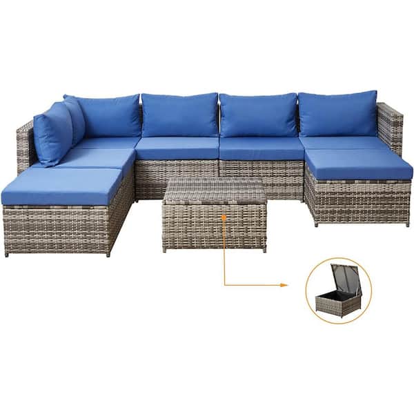 GOOEEN Grey 8-Piece Wicker Patio Furniture Sets Patio Conversation Set with Washable Blue Cushions and Storage Table