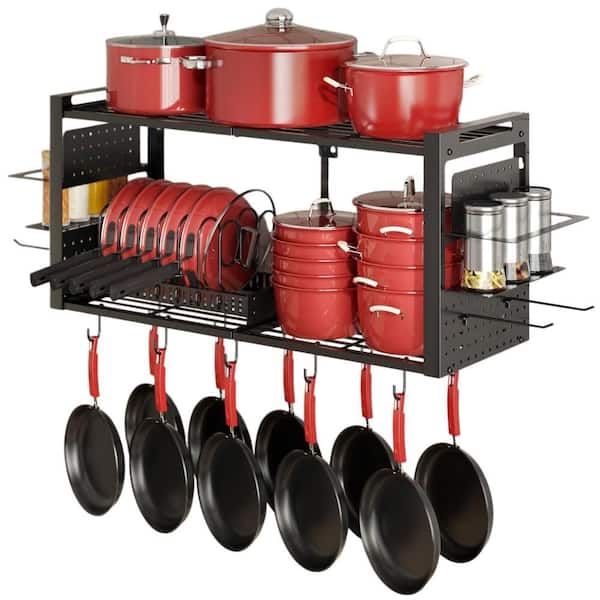 2-Tier 31 in. Wall Mounted Pot Rack with Racks, Pot Lid Organizer Holder and 20 Hooks, Heavy Duty Hanging Pot Hanger