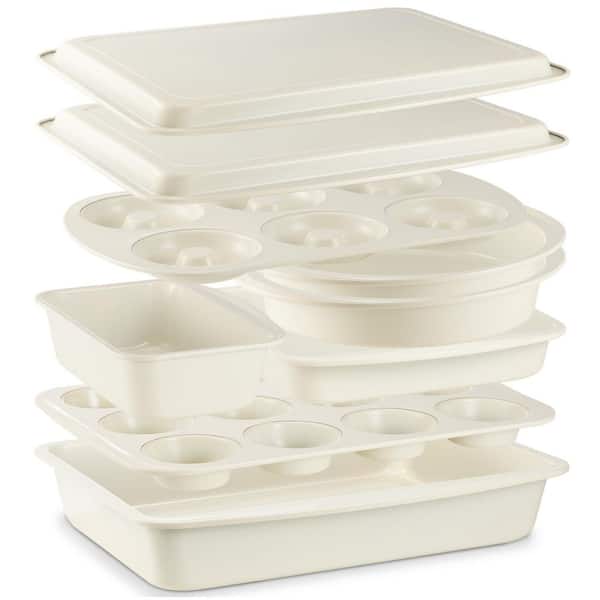 9-Piece White Carbon Steel Bakeware Set with Non-Stick Coating and Innovative Handles, Includes Donut Pan