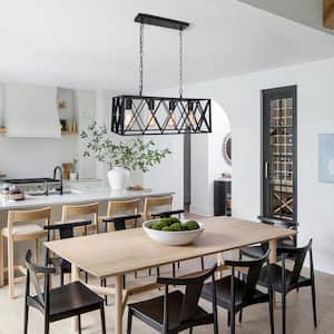 LIBERTAB 4-Light Linear Farmhouse Black Cage Kitchen Island Dining Room Chandelier Pendant with Rectangle Frame