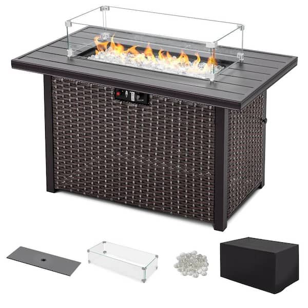 Nuu Garden 43 in, 50,000 BTU Brown Rectangle Wicker Outdoor Propane Gas Fire Pit Table with Glass Fire Pit Wind Guard