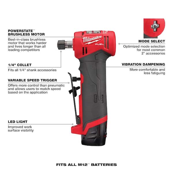 M12 FUEL 12V Lithium-Ion Brushless Cordless 1/4 in. Right Angle & Straight Die Grinder Kit with (2) 2.0Ah Batteries