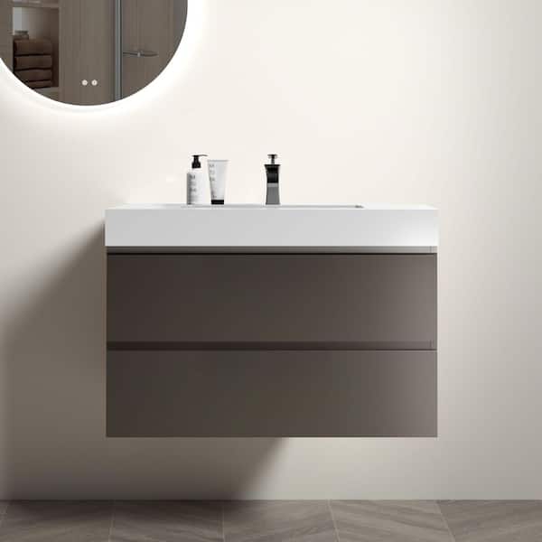 36 in. Single Sink Wall Mounted Gray Bath Vanity with White Solid Surface Top Pre-Assembled