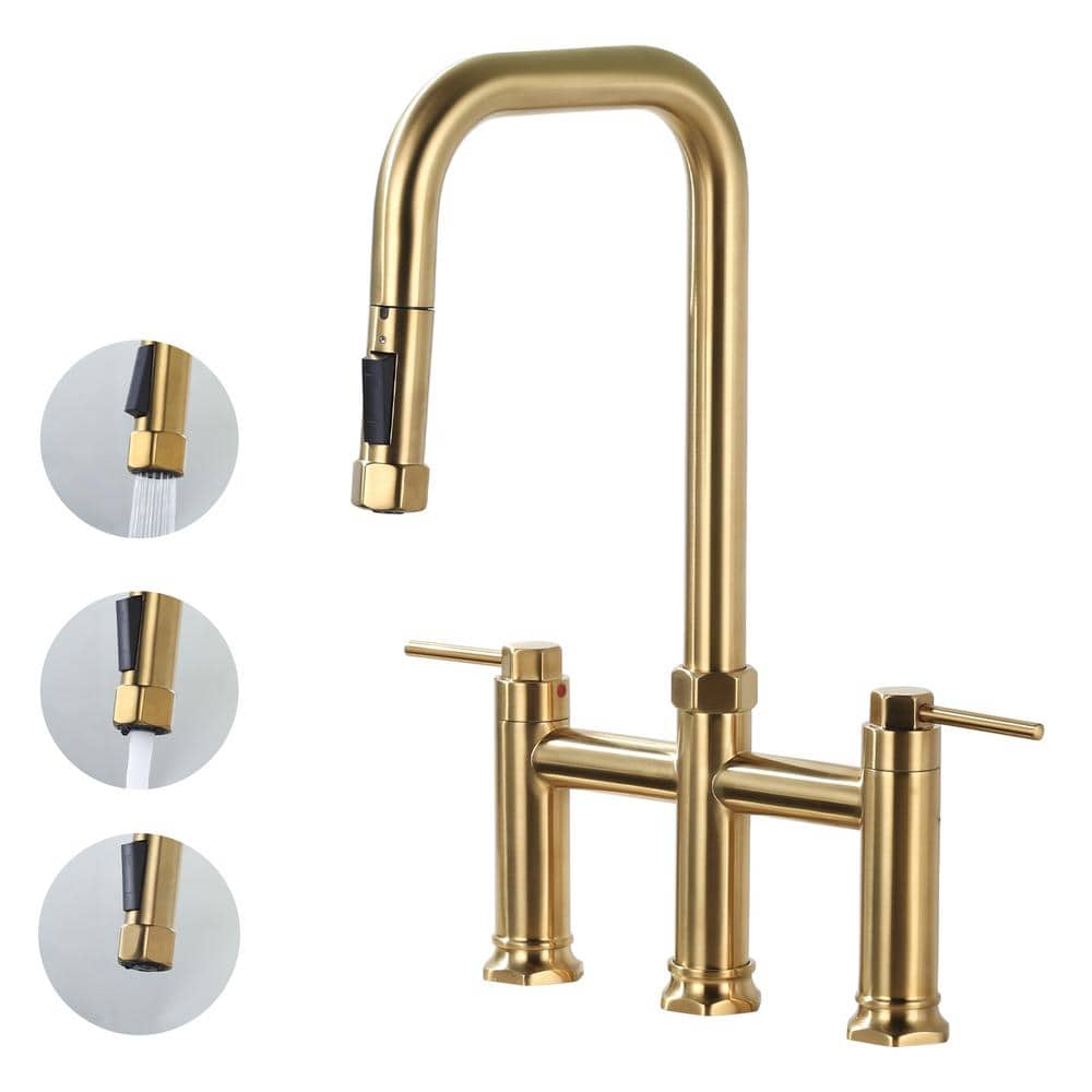 ARCORA Brass Double Handle Deck Mounted Bridge Kitchen Faucet with Pull