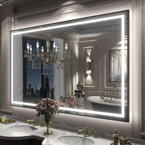 60 in. W x 36 in. H Rectangular Framed Front and Back LED Lighted Anti-Fog Wall Bathroom Vanity Mirror in Tempered Glass