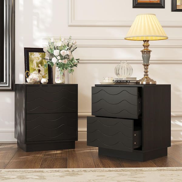 Black 2-Drawer 19.6 in. W Wood Nightstand, End Table with Wave Line Drawer Surface