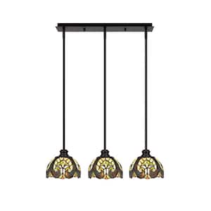 Albany 60-Watt 3-Light Espresso Linear Pendant Light with Ivory Cypress Art Glass Shades and No Bulbs Included