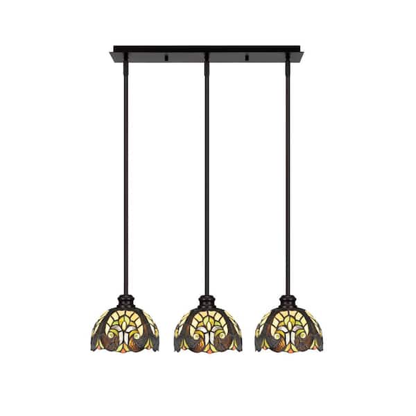 Unbranded Albany 60-Watt 3-Light Espresso Linear Pendant Light with Ivory Cypress Art Glass Shades and No Bulbs Included