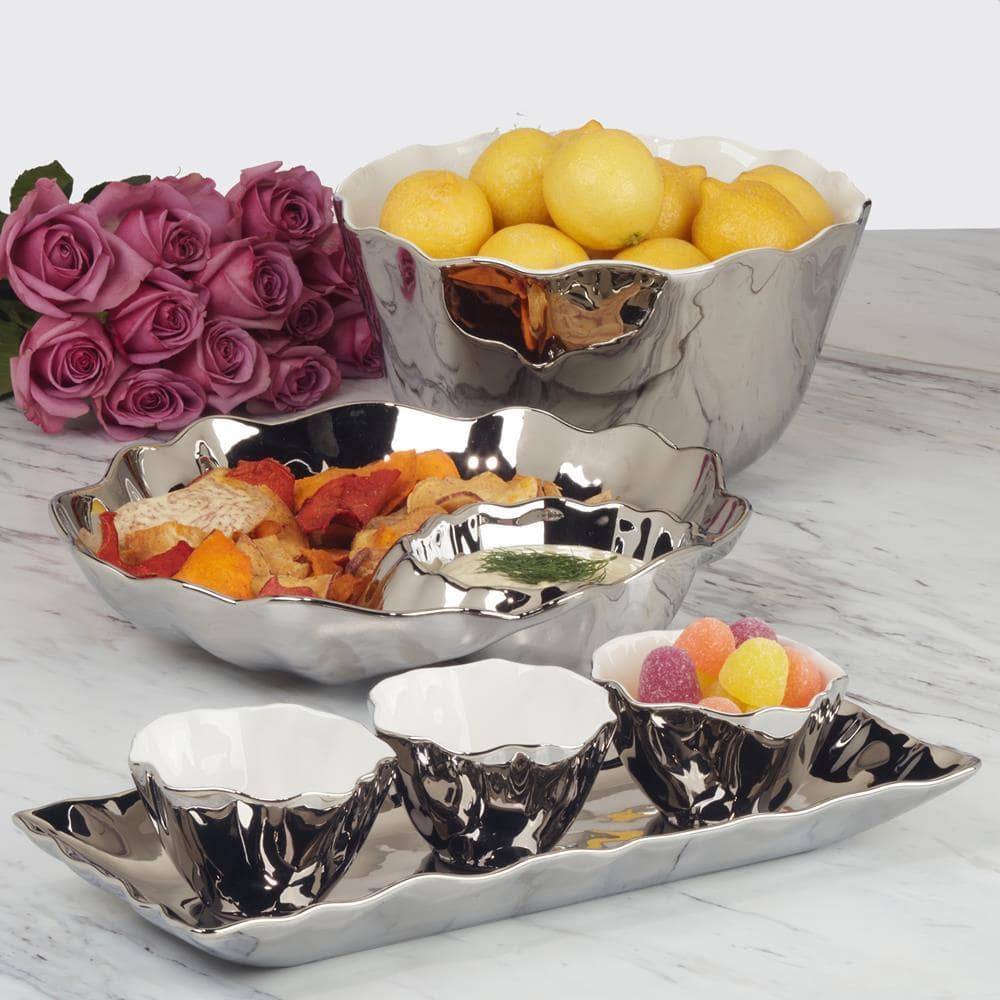 Gold Coast 4-Piece Scalloped Ceramic Tray and Bowls Set