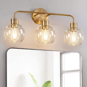 24 in. 3-Light Satin Brass Vanity Light with Ball-Shaped Clear Glass Shade