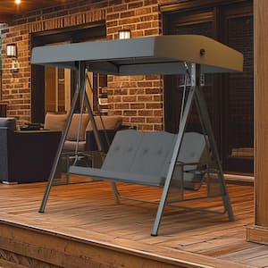 3-Seat Outdoor Metal Porch Swing with Stand, Cushions and Canopy, Dark Grey