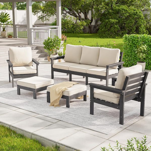 5-Piece HIPS Outdoor Furniture Set All-Weather Patio Sofa with 3.9 in. Beige Cushions in Gray