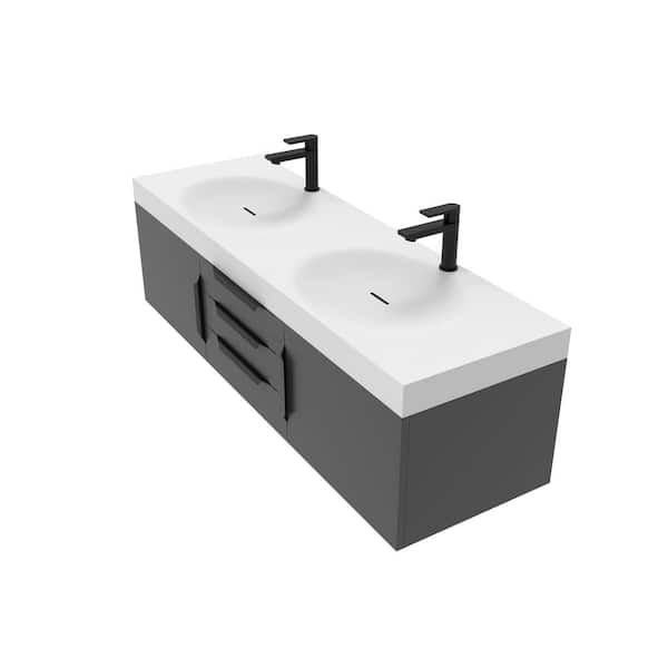 castellousa Thames 60 in. W x 18.9 D x 16.25 H Double Floating Bath Vanity in Black with Black Trim with Solid Surface White Top