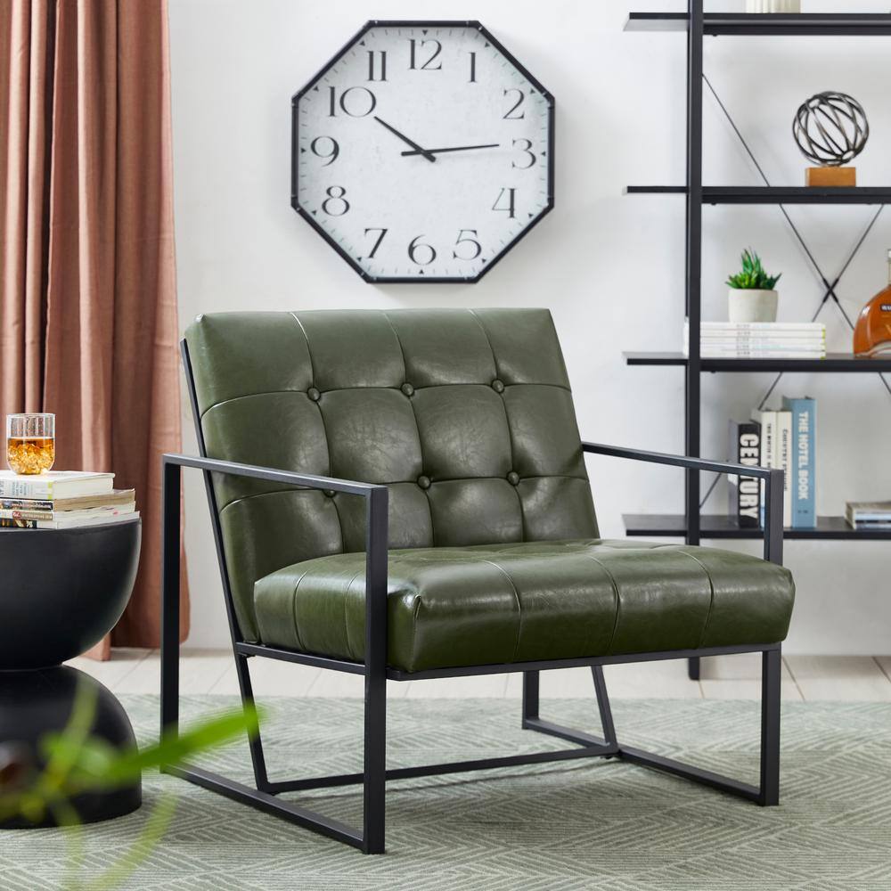 Hunter Green Faux Leather Button-Tufted Accent Chair with Metal Frame