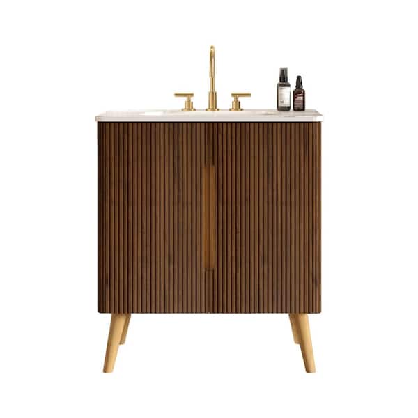 30 in. Freestanding Walnut Bath Vanity with Carrara White Ceramic Top Unassembled