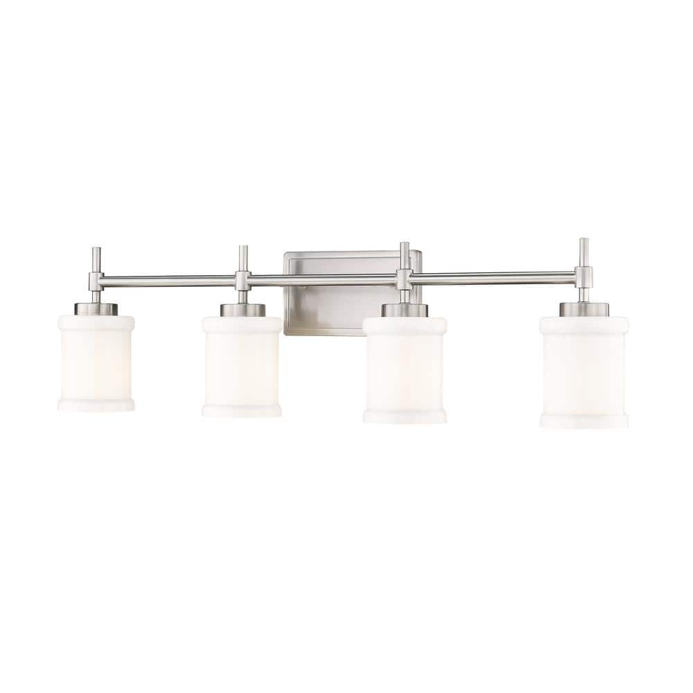 Cadoc 31.5 in. 4-Light Brushed Nickel Vanity-Light with Gloss Opal Glass Sh