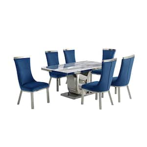 Ada 7-Piece White Marble Top with Stainless Steel Base Table Set with 6-Navy Blue Velvet Chairs