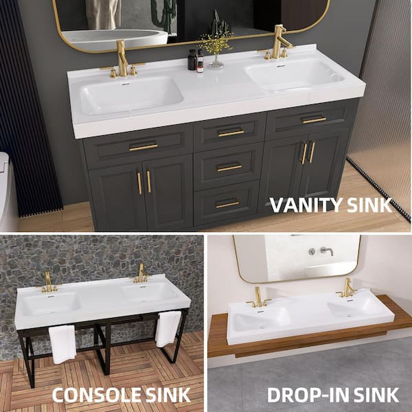 Zeafive 61 in. W x 22 in. D Solid Surface White Rectangular Double